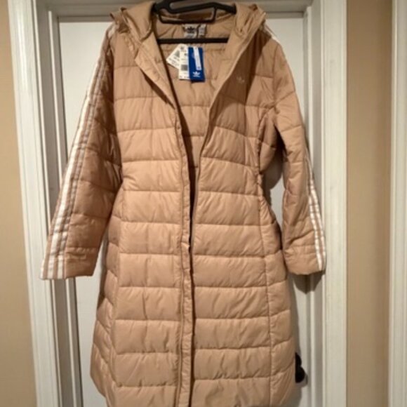 adidas Jackets & Blazers - Adidas Originals Long Puffer Jacket XL Beige Belted Hooded NWT HK5252